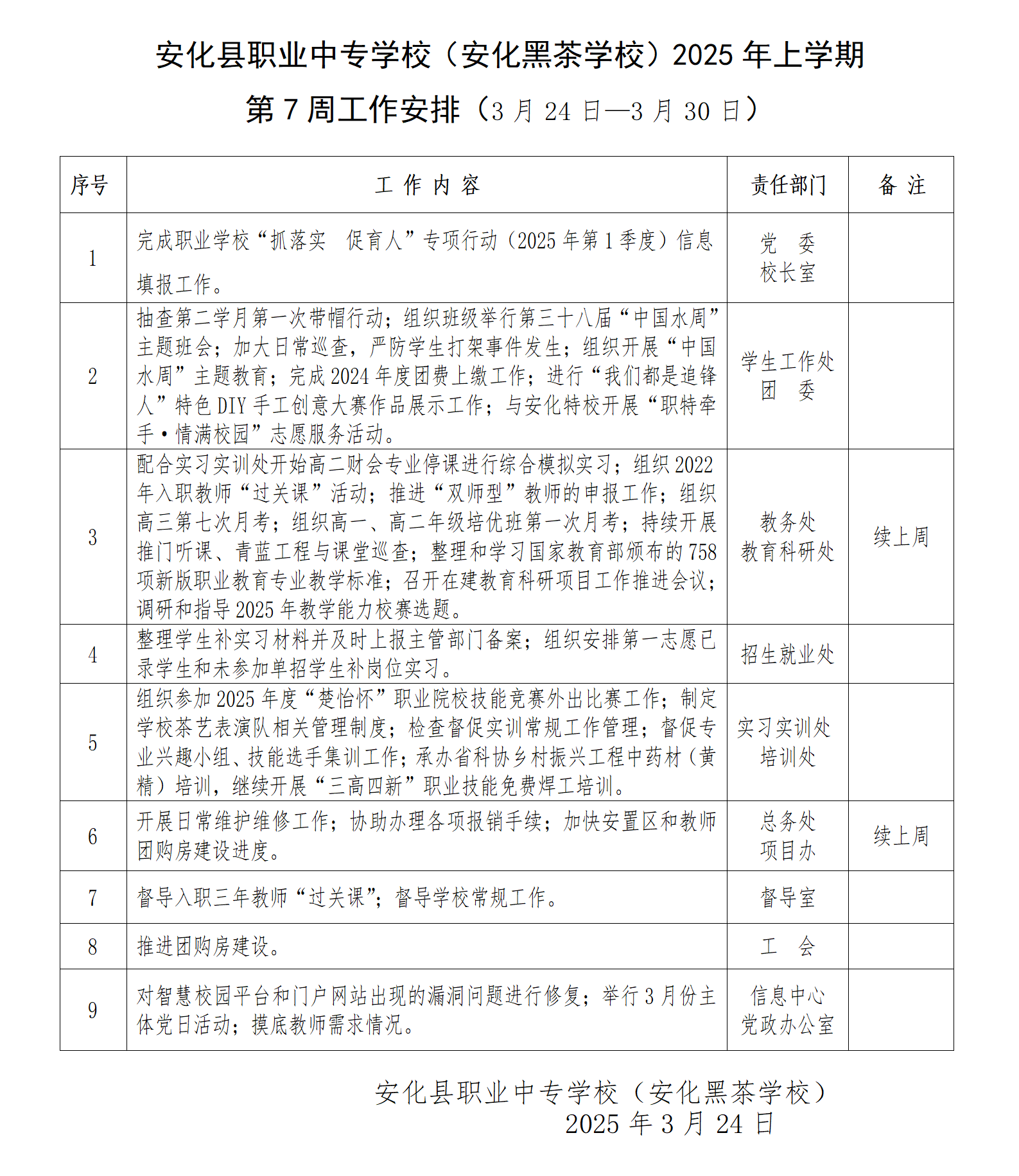 2025年上学期第7周工作安排(图1)